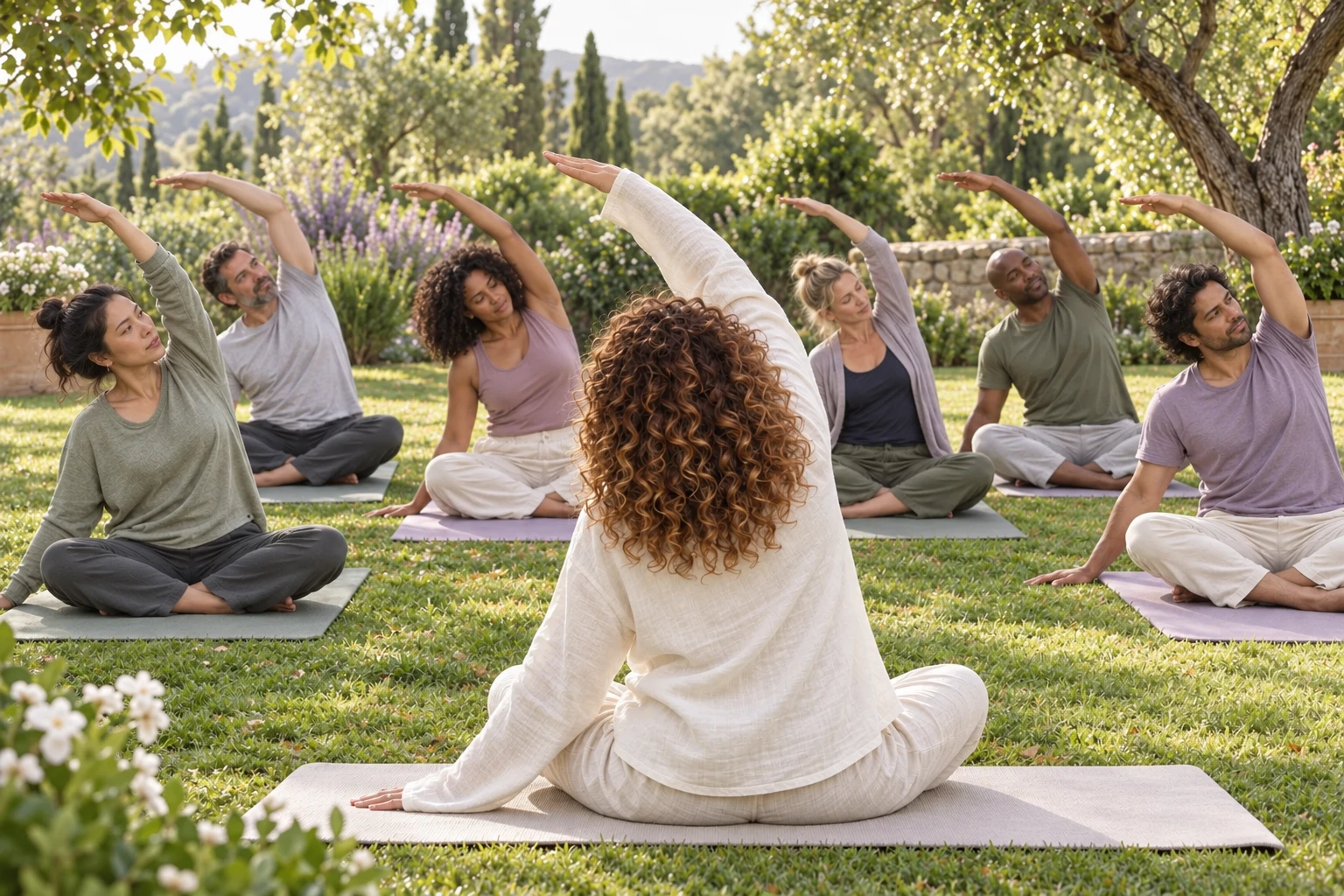 Equipa em prática holística num jardim, com a instrutora de costas e participantes em tapetes de yoga